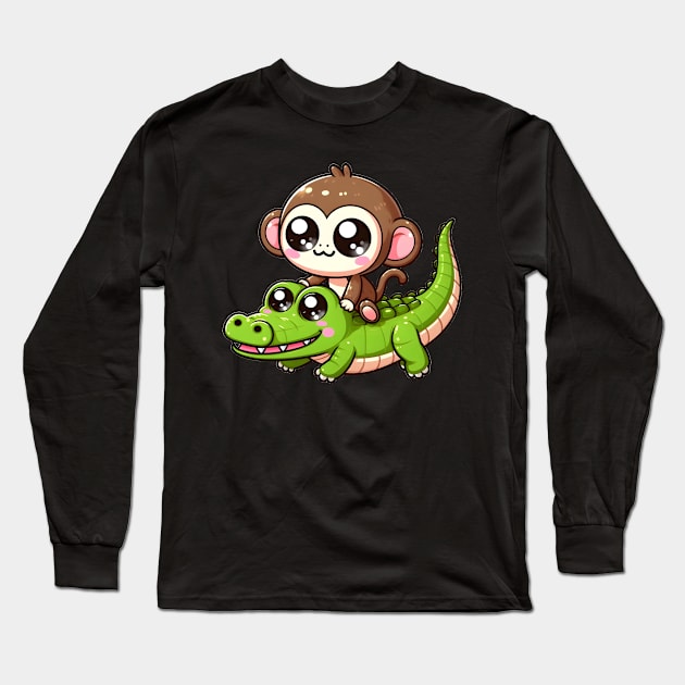Cute monkey rides crocodile Long Sleeve T-Shirt by FromBerlinGift